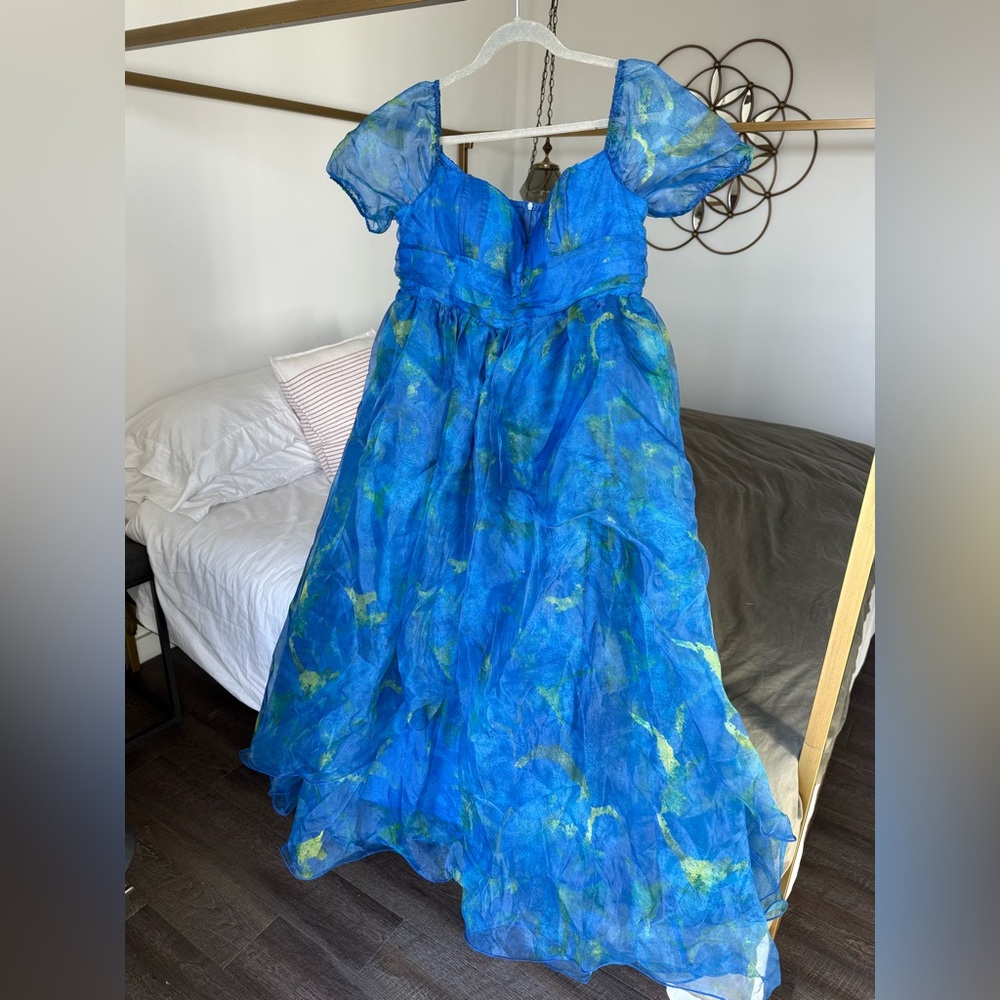 Blue Floral Maxi Dress with Puff Sleeves